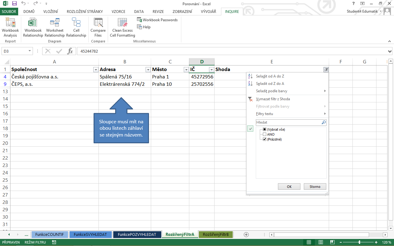 Porovnání dat v Excelu za pomocí Rozšířeného filtru
